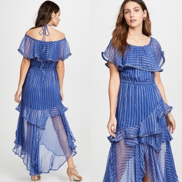 MISA Ambrosia Ruffle Hem Striped Midi Dress‎ Metallic Gold Royal Blue Tiered NEW - Picture 3 of 14